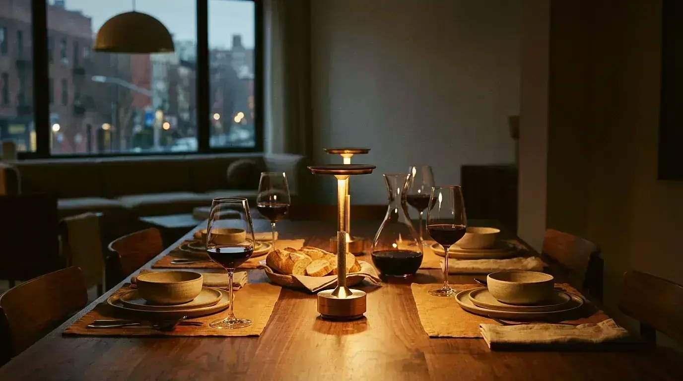 Two cordless table lamps glowing warmly on a styled dinner table set for four guests