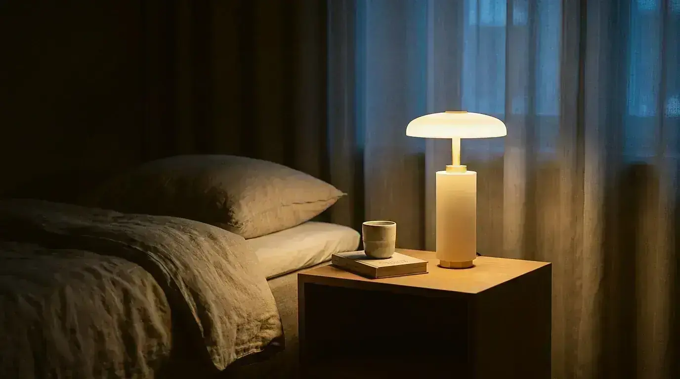 Cordless bedside lamp glowing warmly on a minimalist nightstand in a styled bedroom