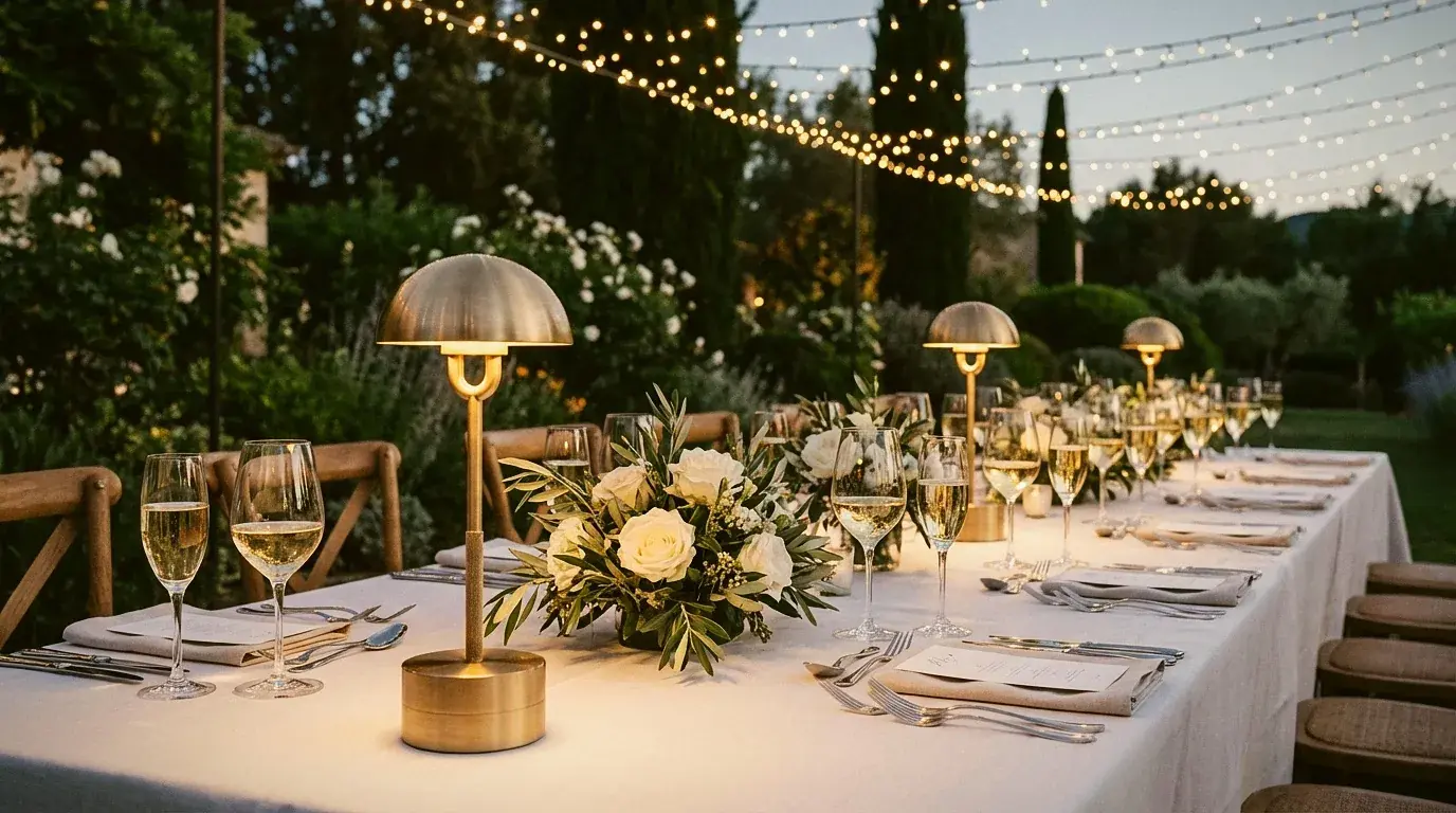 Cordless table lamps arranged on elegantly styled wedding reception tables with floral centrepieces