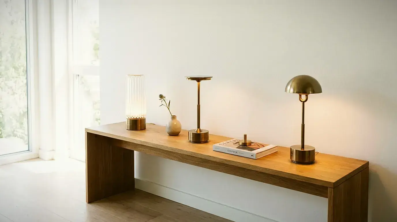 Collection of cordless table lamps in brass and anthracite finishes arranged on a styled surface
