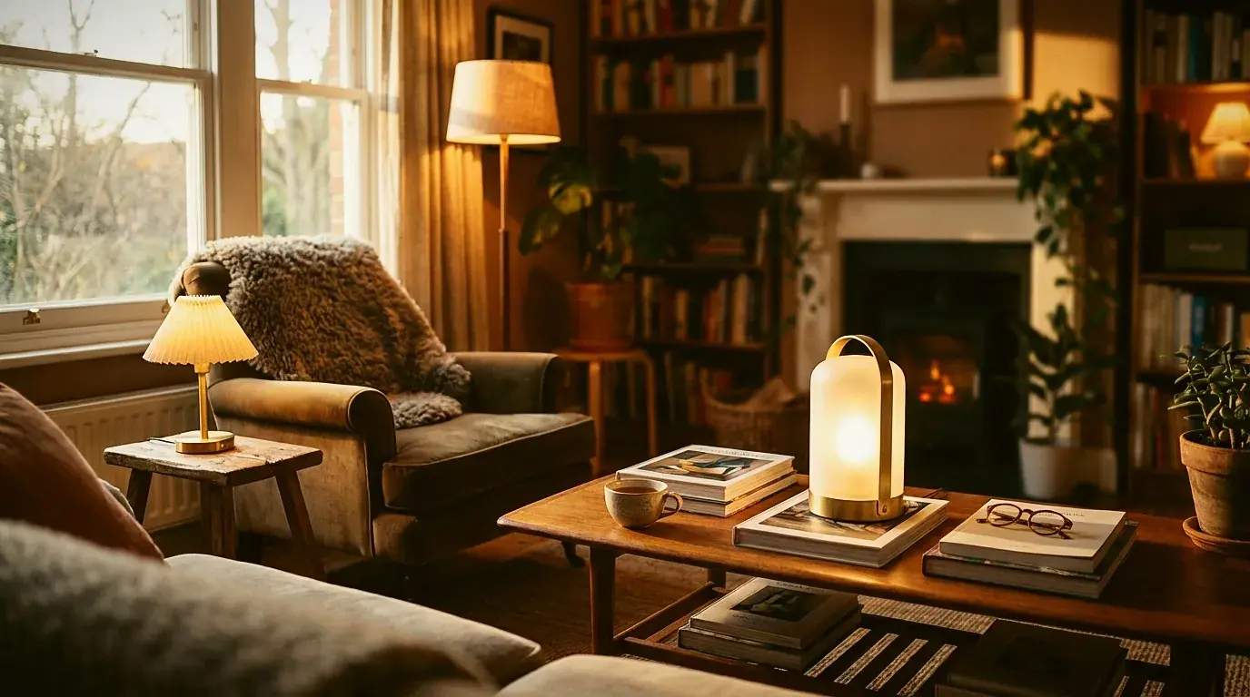 Cozy living room with layered lighting creating a warm, inviting atmosphere