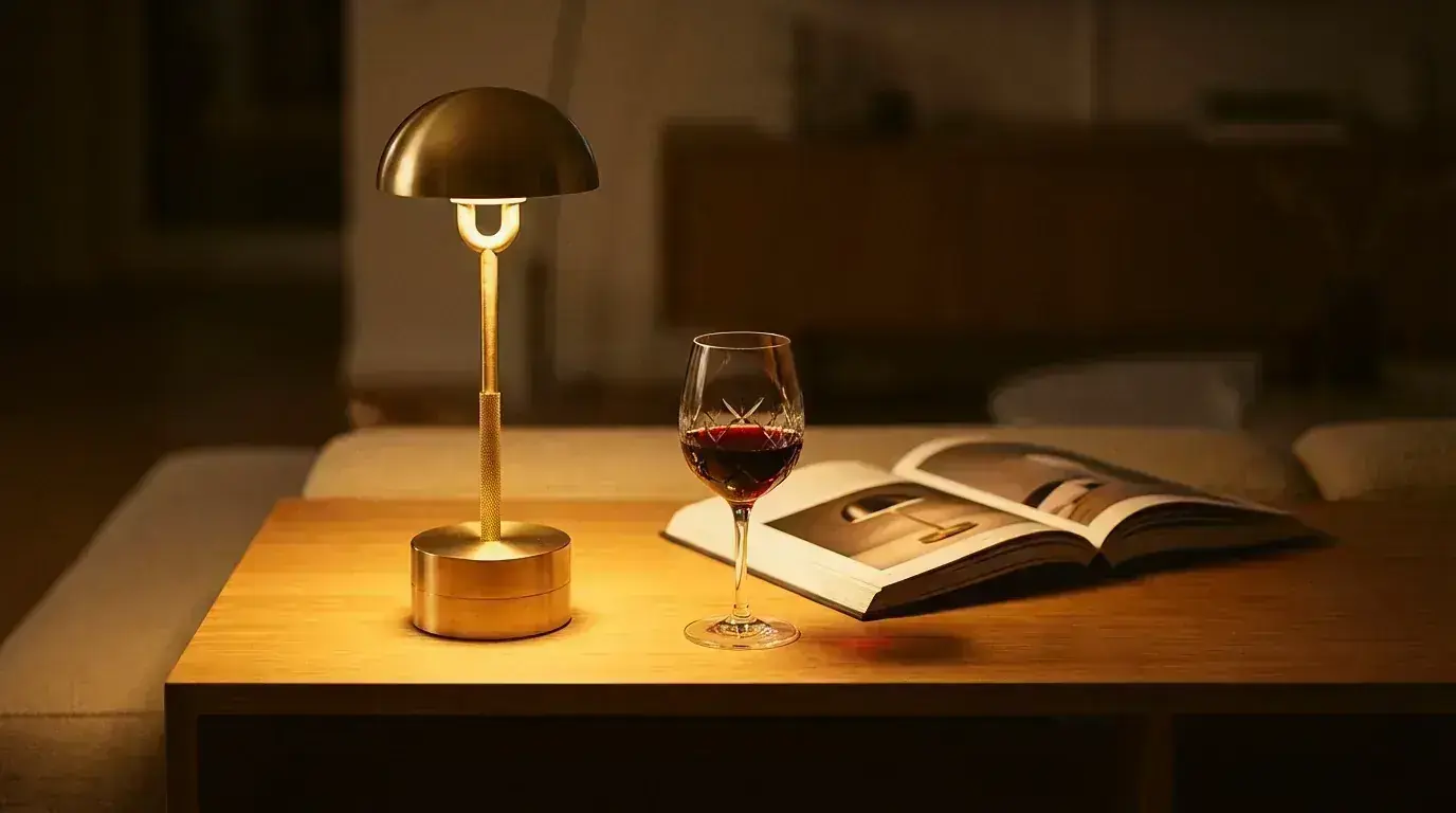LED cordless table lamp glowing warmly on a styled console table in a modern living room