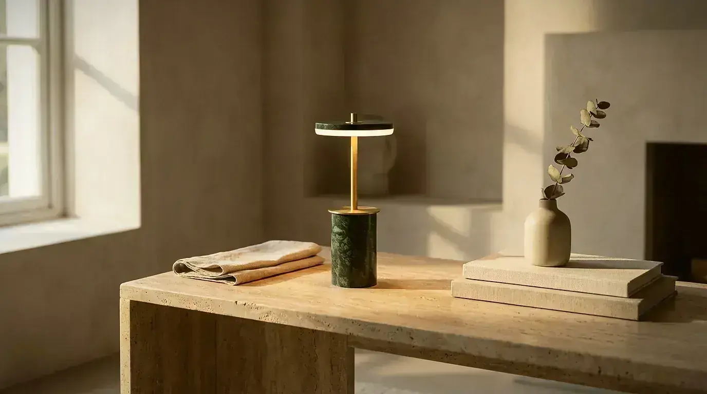 Marble table lamp with green stone base glowing warmly on a styled console table