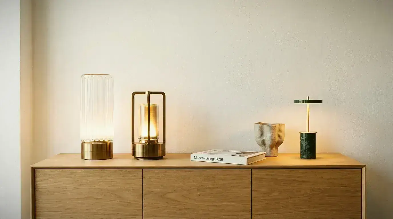 Modern cordless table lamp with sculptural brass silhouette on a contemporary sideboard