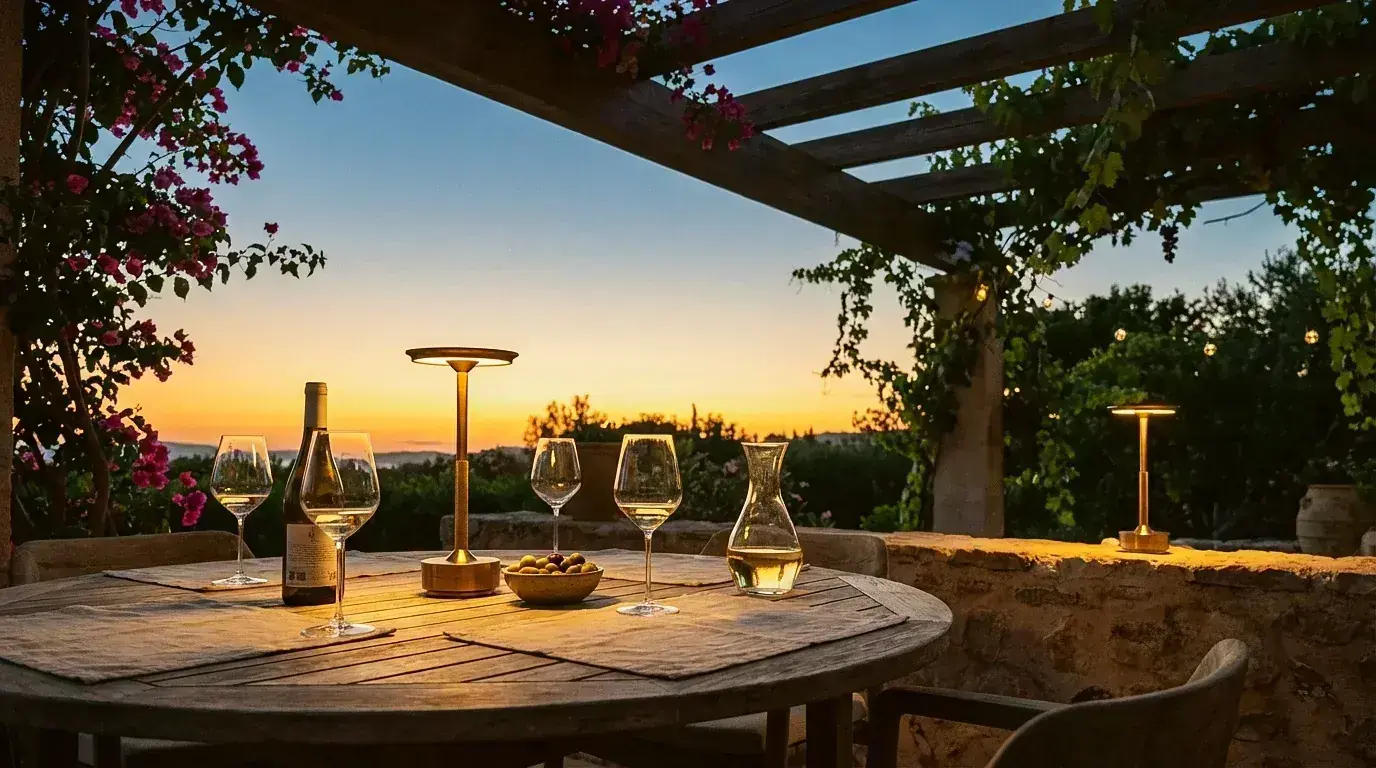 Cordless brass table lamp glowing warmly on an outdoor patio dining table at dusk