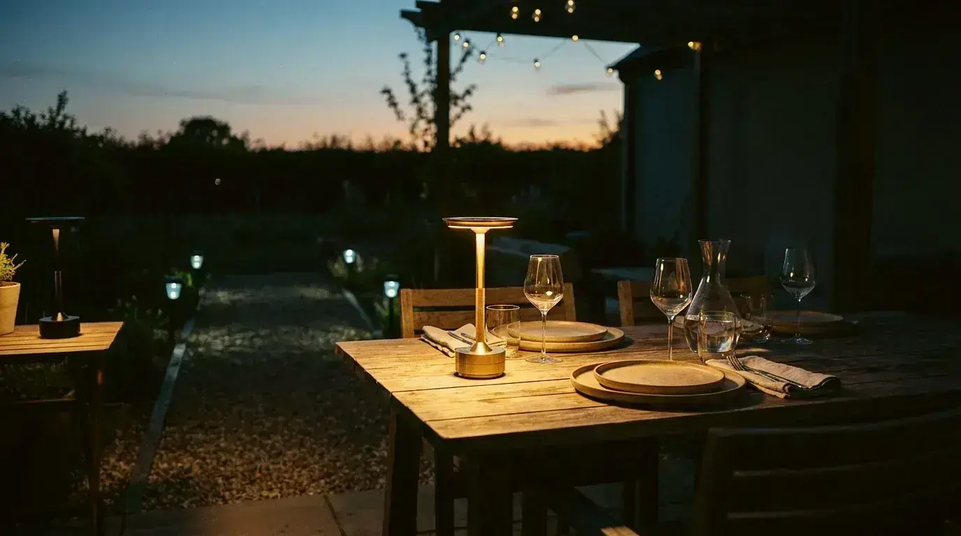 Beautifully lit patio at dusk with a rechargeable cordless table lamp glowing warmly on an outdoor dining table