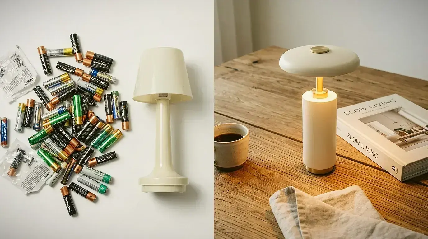 Rechargeable brass table lamp next to disposable batteries illustrating the comparison between lamp types