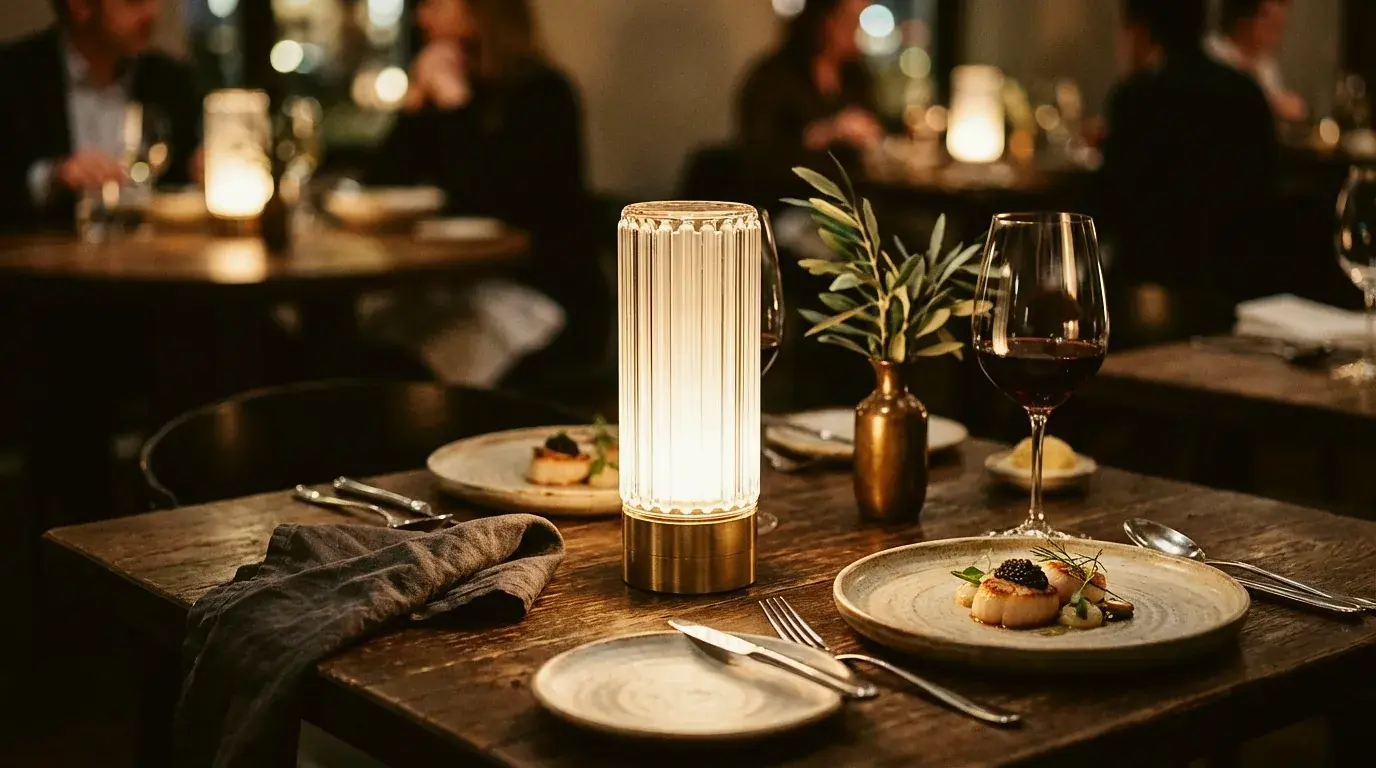 Rechargeable table lamps on a fine dining restaurant table with warm ambient lighting