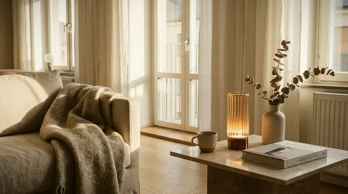 Scandinavian table lamp with brass finish casting warm light in a Nordic-styled living room