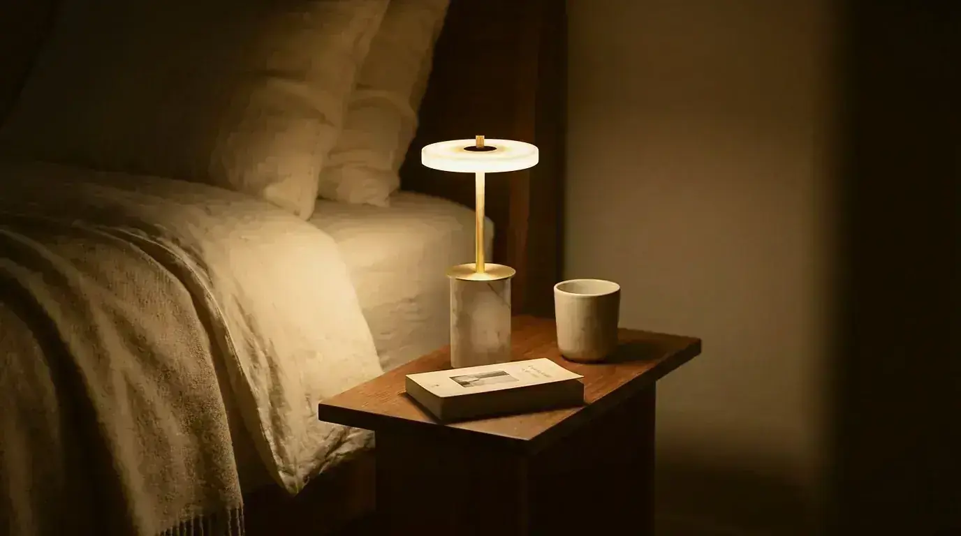 Small cordless table lamp on a narrow nightstand next to a book and reading glasses