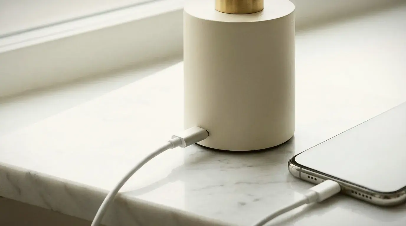 USB-C cable plugged into the charging port of a rechargeable brass table lamp