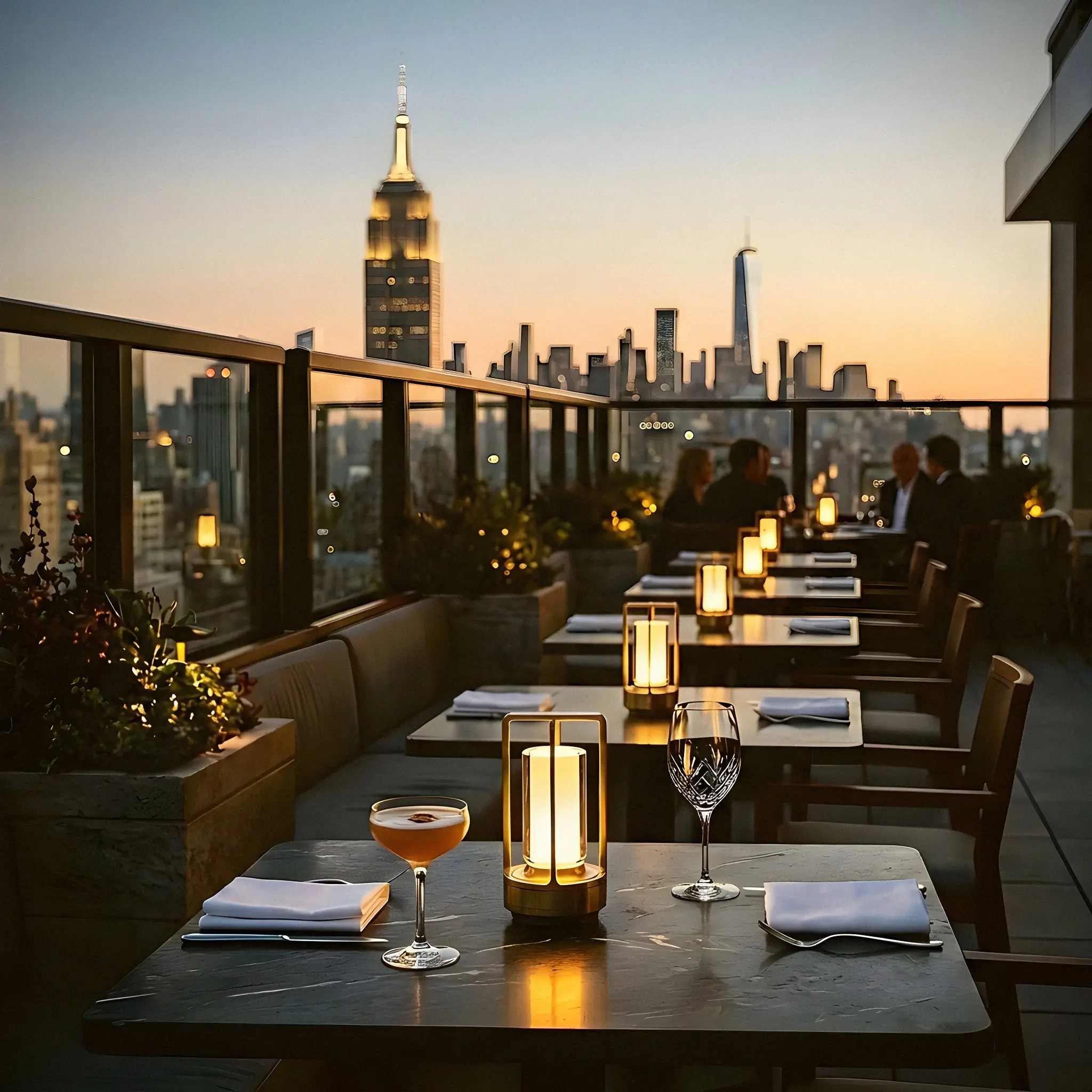 Aira Studio lamps on a New York rooftop bar at golden hour