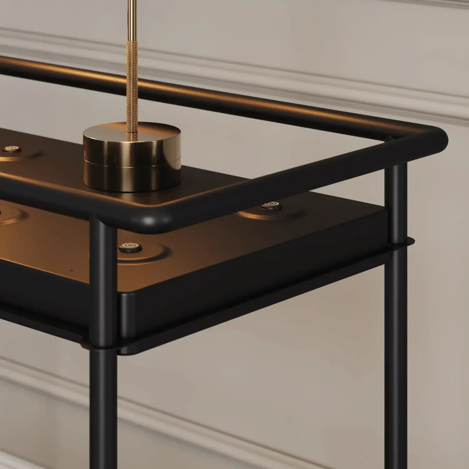 Cart detail view showing casters and construction