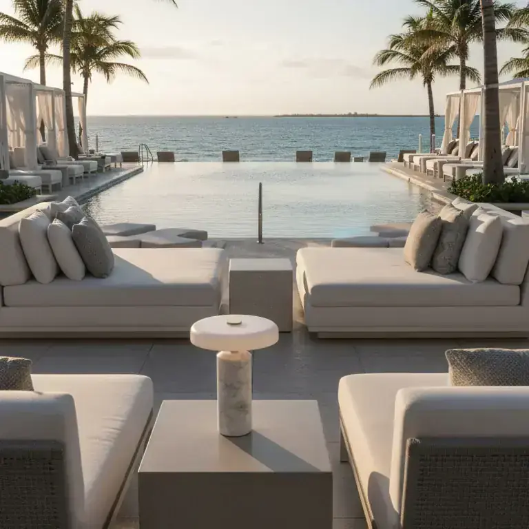 Delos lamp by a resort pool