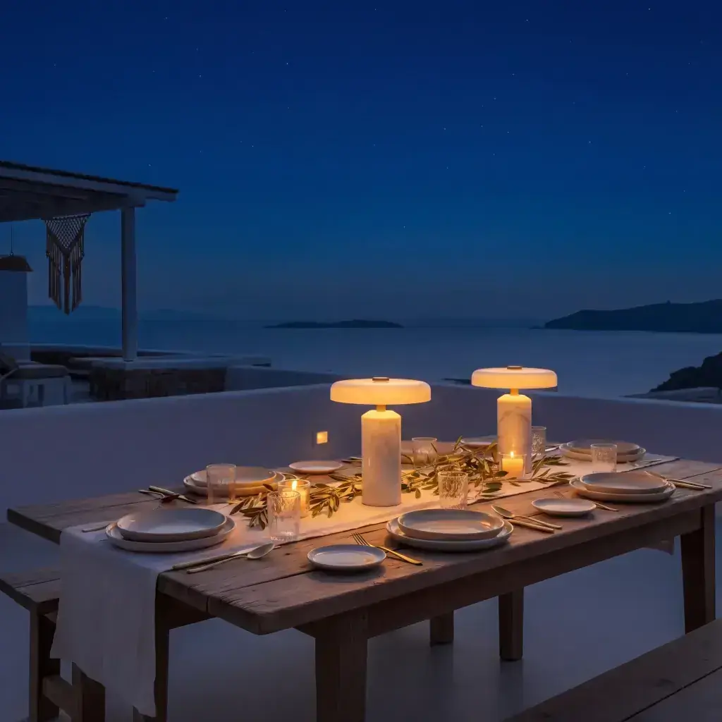 Delos lamp on a Mediterranean terrace at sunset — evening