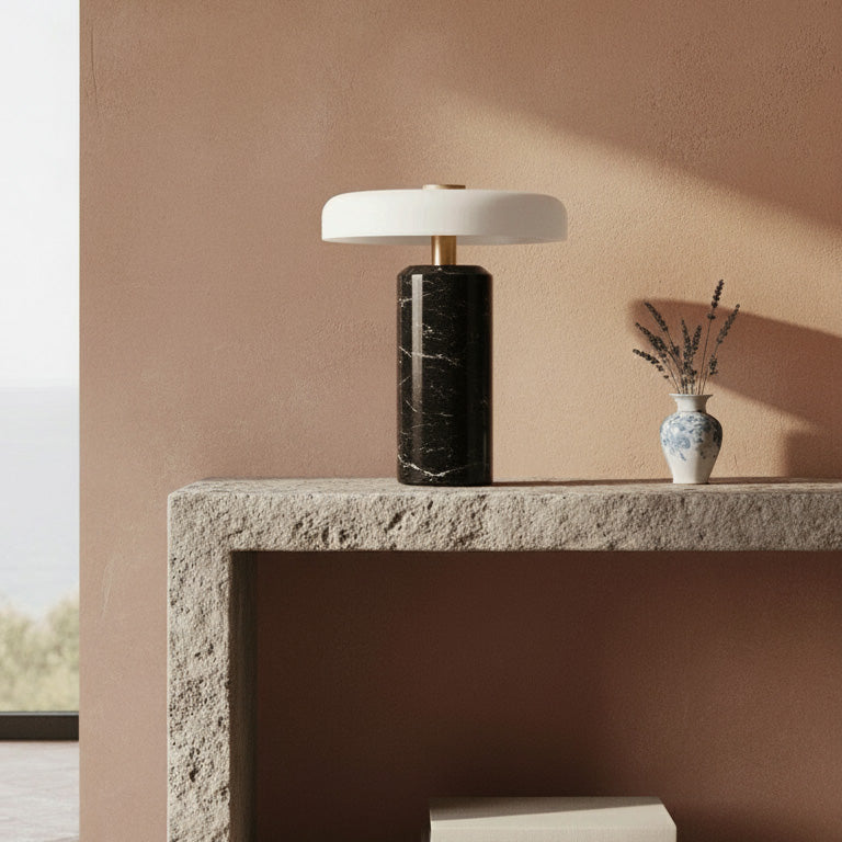 Delos Nero lamp on a terracotta console