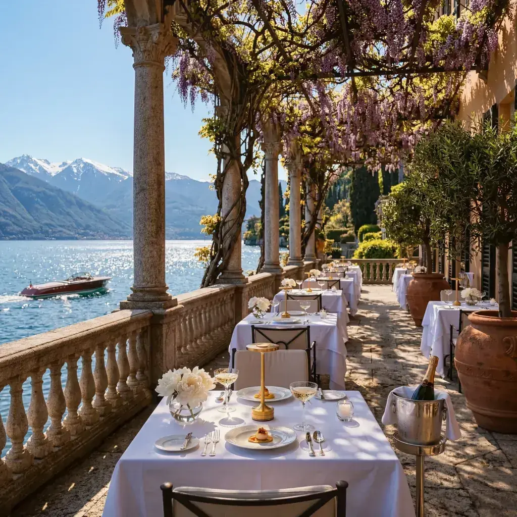 Shelby Studio lamps on a Lake Como terrace at dusk