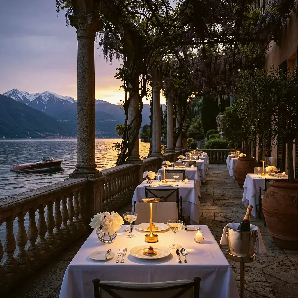 Shelby Studio lamps on a Lake Como terrace at dusk — evening