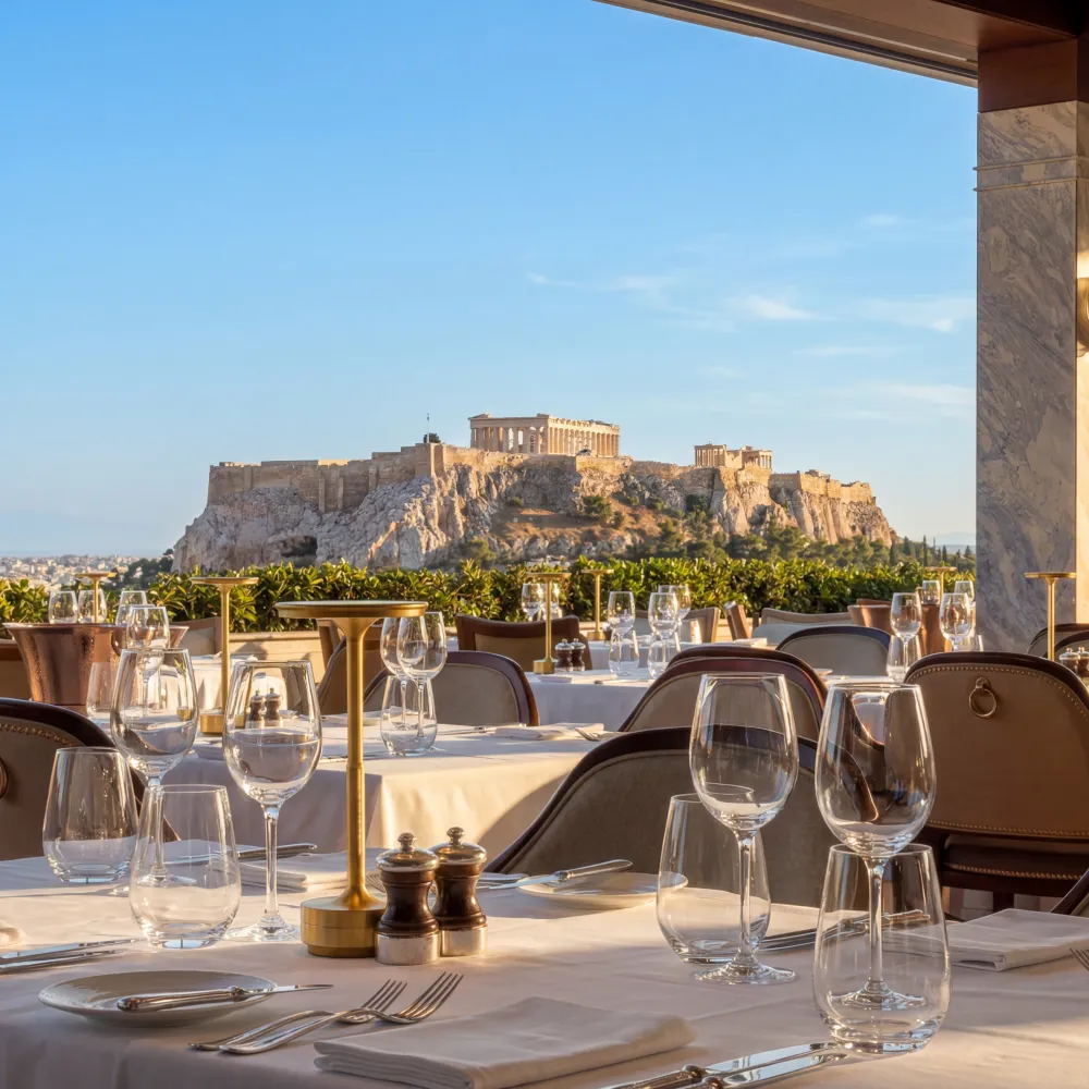 Shelby Studio lamp in a fine dining restaurant with Acropolis view