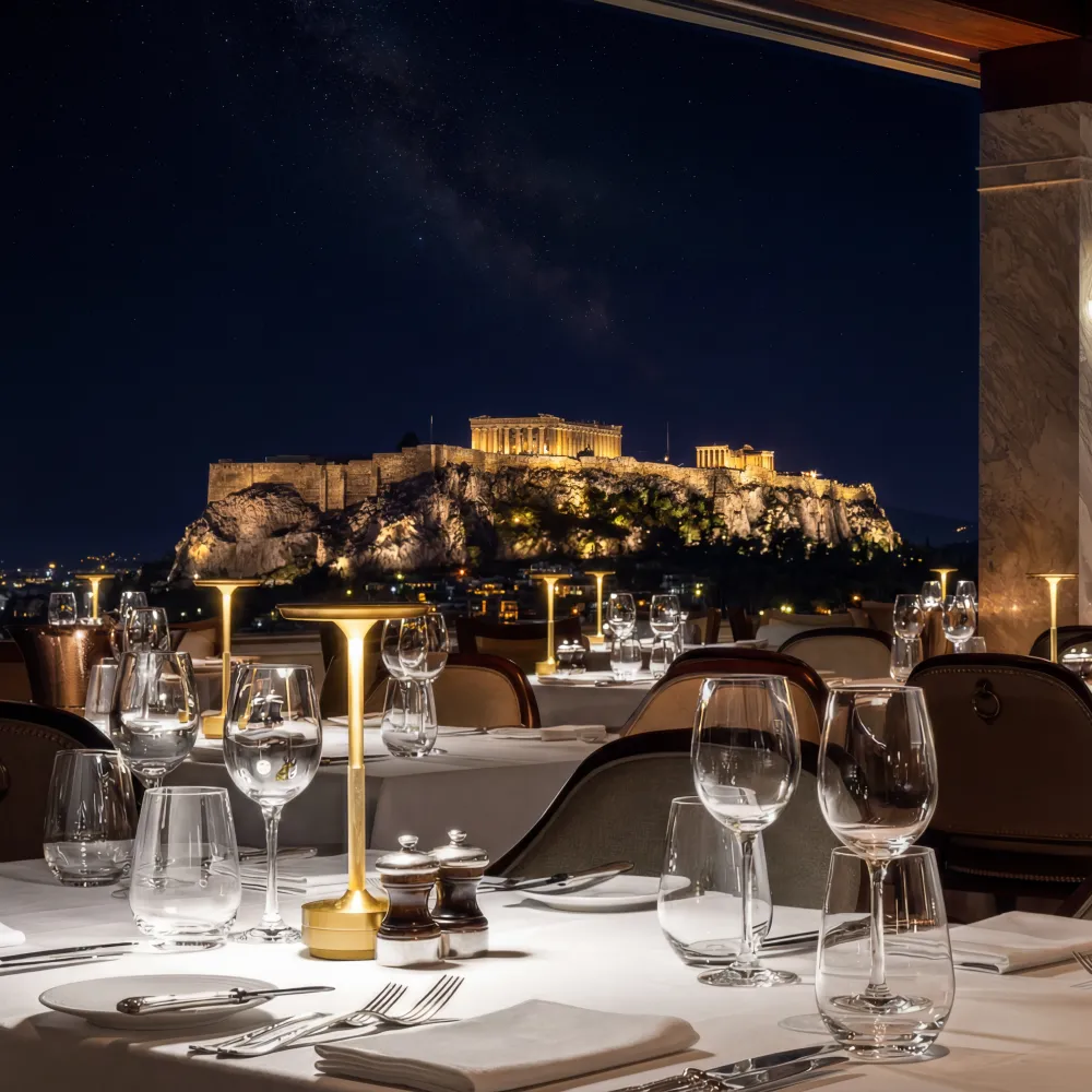 Shelby Studio lamp in a fine dining restaurant with Acropolis view — evening